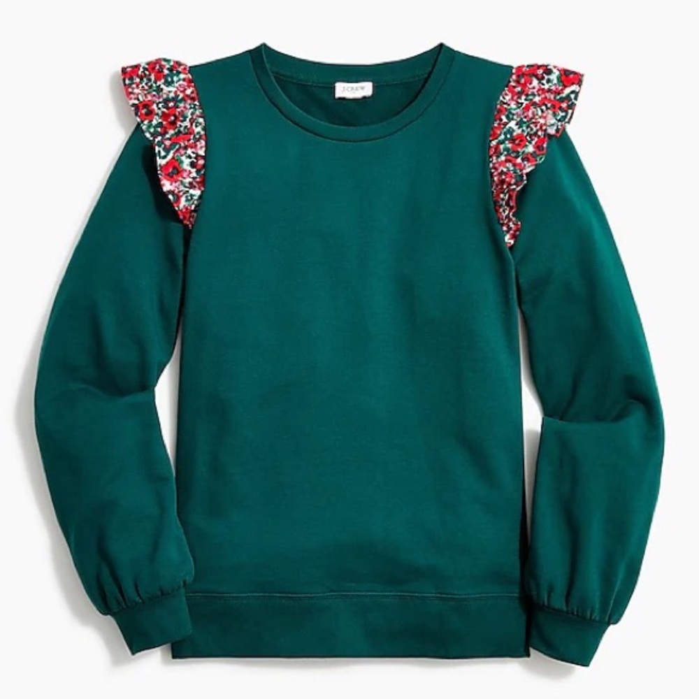 J. Crew | NWT ✨ Floral Academic Green Ruffle Shoulder Sweatshirt